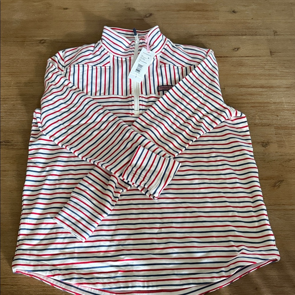 Vineyard Vines Cream Quarter-Zip with Red & Navy Stripes - Picture 2 of 5